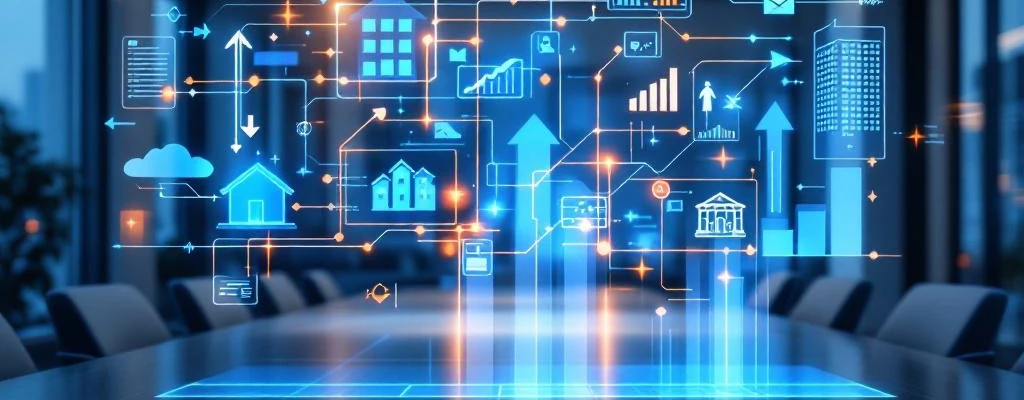 Holografische workflow-diagrammen in blauwe en oranje tinten zweven boven moderne vergadertafel in kantooromgeving