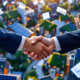 Luchtfoto van moderne Nederlandse woningcomplexen met zonnepanelen en zakelijke handdruk die duurzame bouwpartnerschappen symboliseert