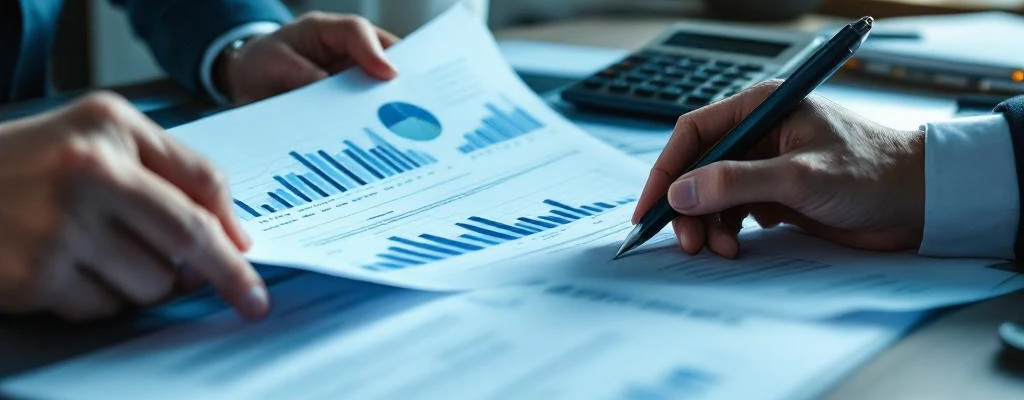 Zakelijke handen bekijken inkoopcontracten op bureau met calculator, tablet en analytics in modern kantoor