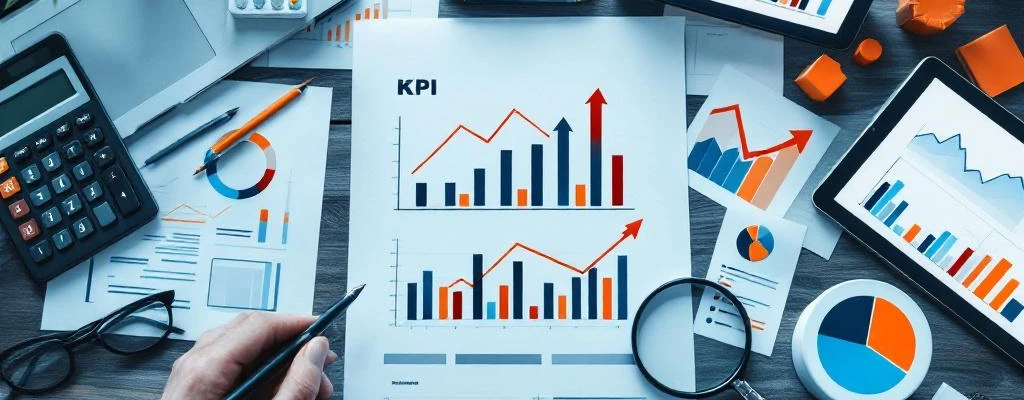 Moderne kantoorbureau met procurement documenten, KPI grafieken, calculator en tablets met prestatiemetingen