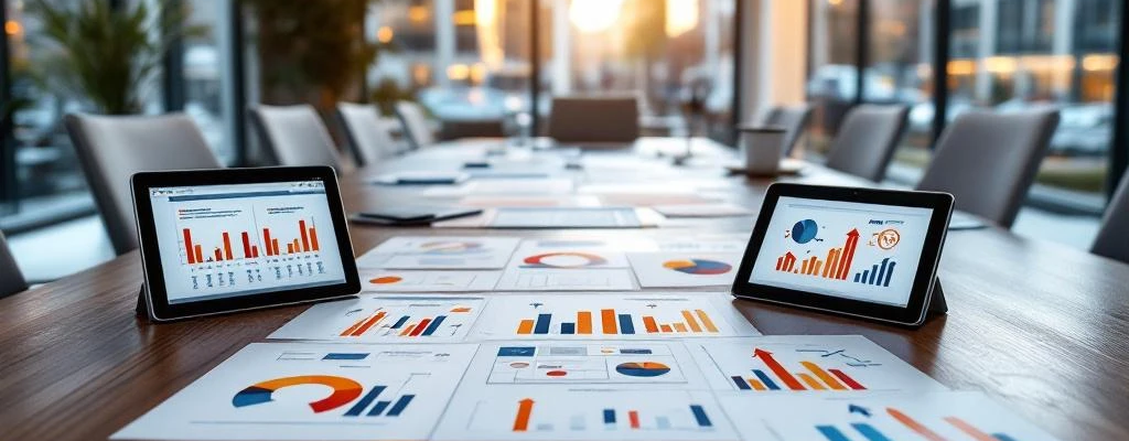 Professionele bestuurskamer met houten vergadertafel vol procurement documenten, grafieken en tablets in modern kantoor