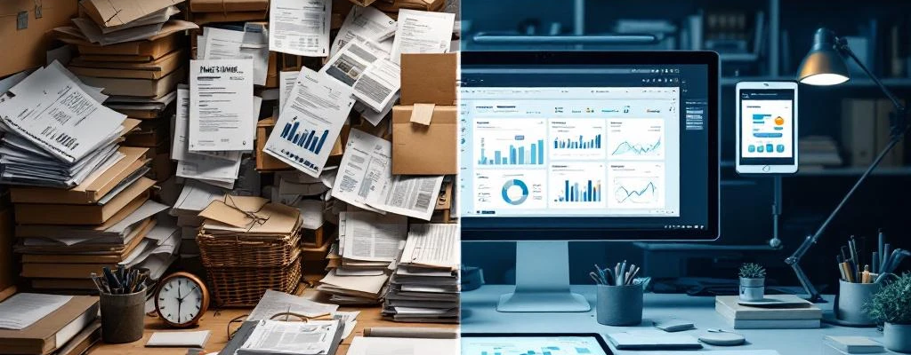 Split-screen vergelijking tussen traditionele papieren administratie links en moderne digitale procurement systemen rechts