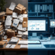Split-screen vergelijking tussen traditionele papieren administratie links en moderne digitale procurement systemen rechts
