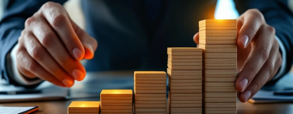 Handen in zakelijke kleding rangschikken houten blokken in stappen op conferentietafel, met gouden licht op eindblok
