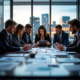 Nederlandse woningcorporatie directeuren bespreken aanbestedingsdocumenten rond conferentietafel in moderne boardroom