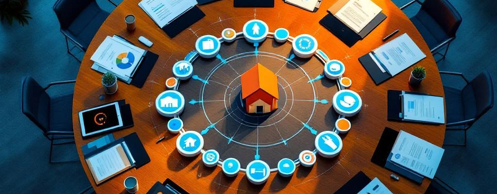 Luchtfoto van moderne bestuurskamer met ronde houten tafel, aanbestedingsdocumenten en tablets met organisatieschema's