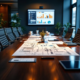 Professionele bestuurskamer met mahonie vergadertafel, blauwdrukken, documenten en presentatiescherm voor strategische planning