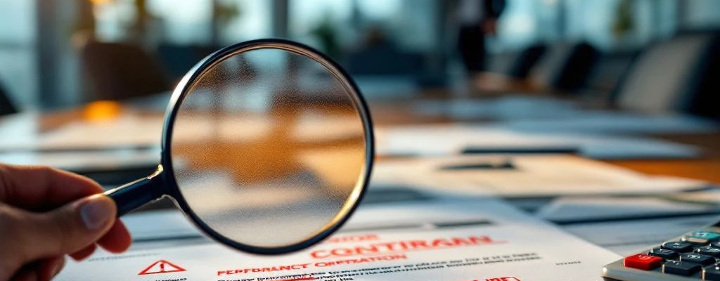 Zakelijke conferentietafel met contractdocumenten, rode waarschuwingssymbolen en calculator met foutmeldingen in modern kantoor