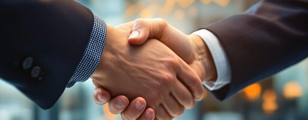 Professionele handdruk tussen zakenpartners in modern kantoor met blauwe en oranje grafieken op achtergrond