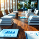 Moderne zorgverlening vergaderruimte met documenten, tablets met supply chain data en medische mappen op houten tafel