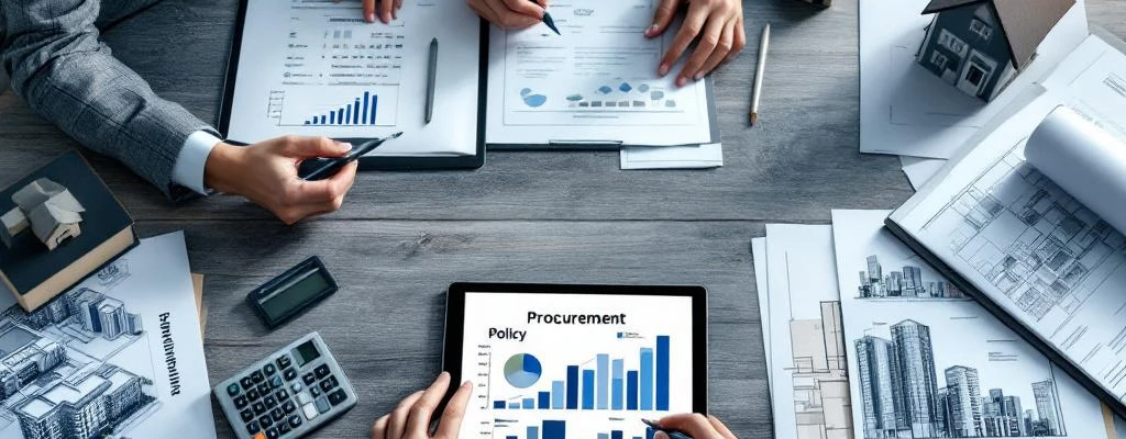 Luchtfoto van moderne vergadertafel met contracten, tablet met grafieken en bouwplannen voor woningcorporatie inkoop