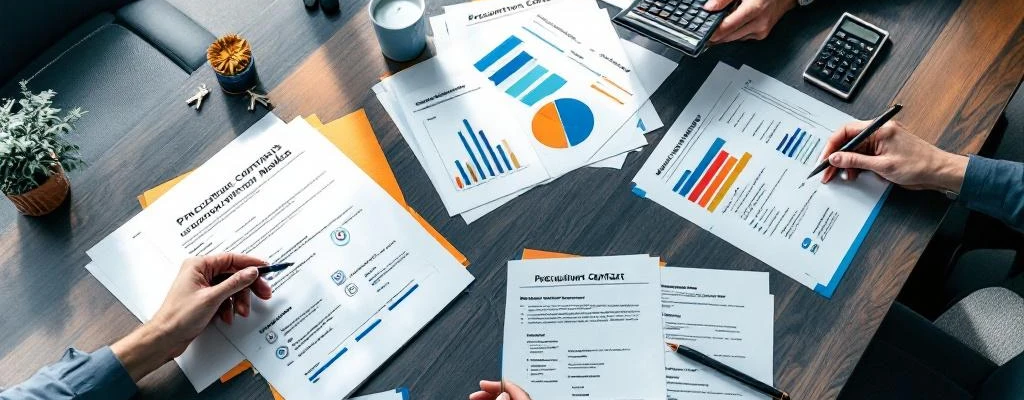 Bovenaanzicht van vergadertafel met uitgespreide aanbestedingsdocumenten, rekenmachine en pen voor woningcorporaties