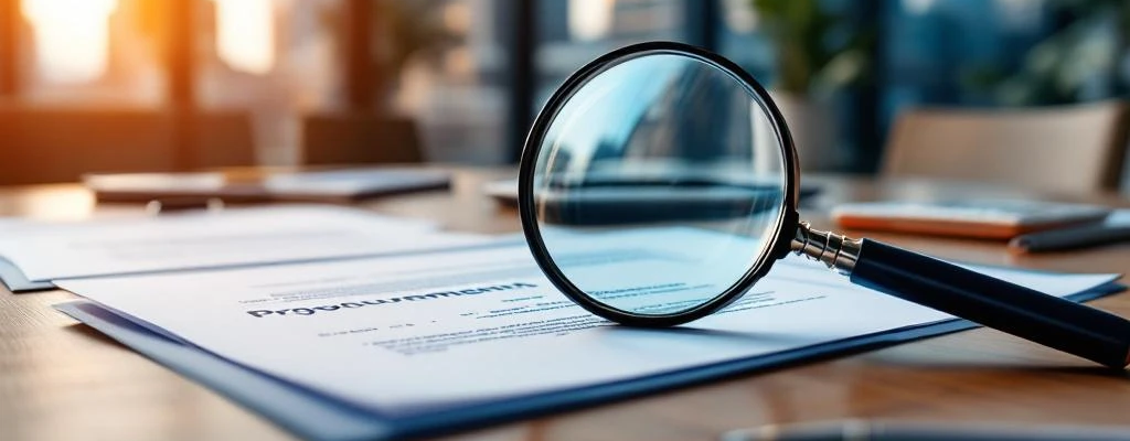 Vergaderzaal met vergrootglas over aanbestedingsdocumenten, calculator en pen op houten tafel, corporatiegebouwen op achtergrond