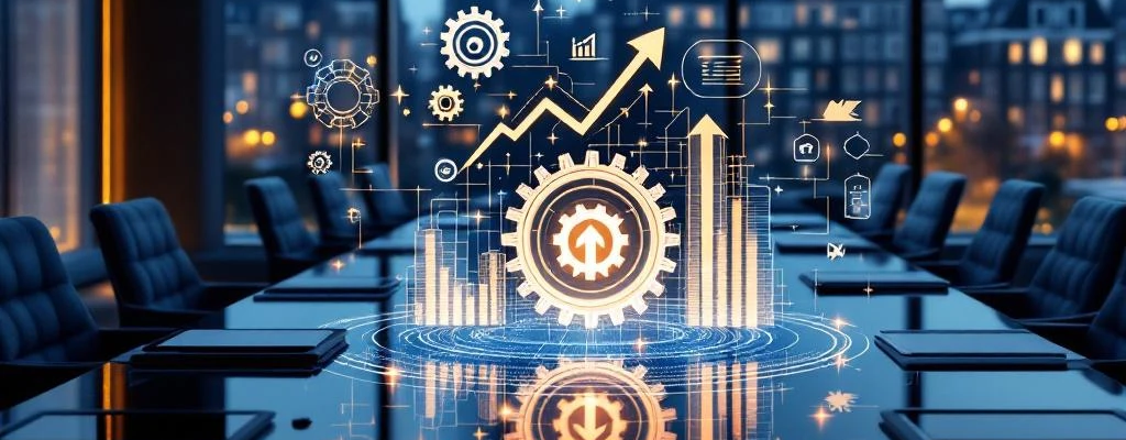 Moderne boardroom met holografische display van tandwielen en grafieken boven glazen vergadertafel, Nederlandse stad op achtergrond