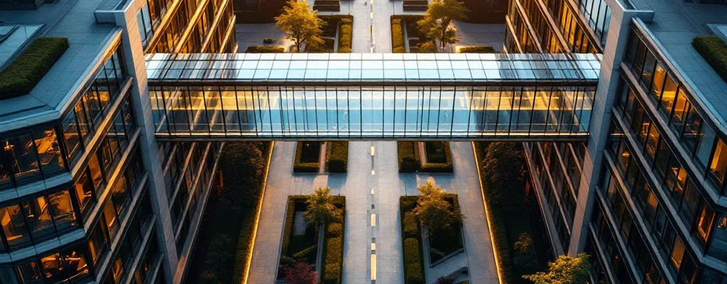 Luchtfoto van twee moderne kantoorgebouwen verbonden door glazen brug met geometrische binnenplaats en gouden zonlicht
