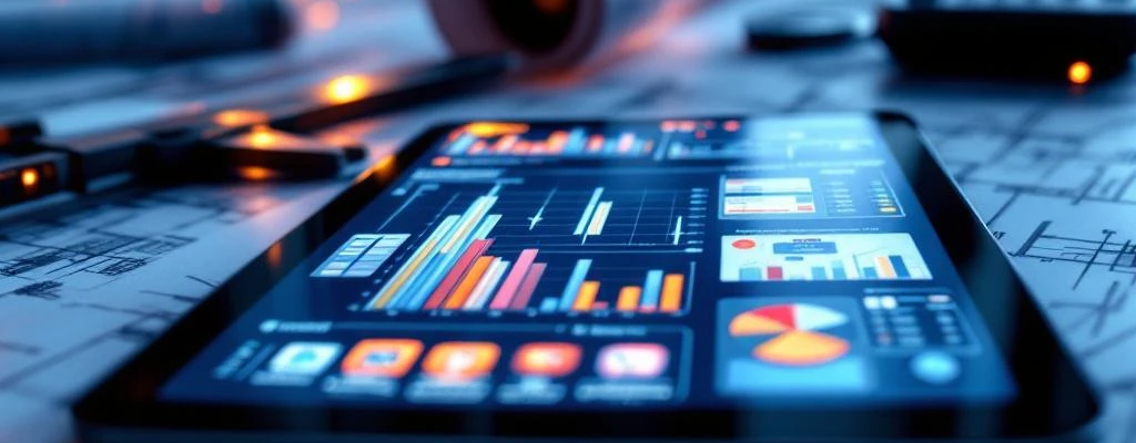 Tablet met efficiëntiegrafieken op bureau met blauwdrukken, digitale meetinstrumenten en calculator voor woningonderhoud