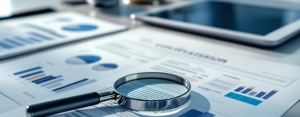 Officiële documenten en contracten op bureau met vergrootglas, tablet met evaluatiegrafieken en weegschaal op achtergrond