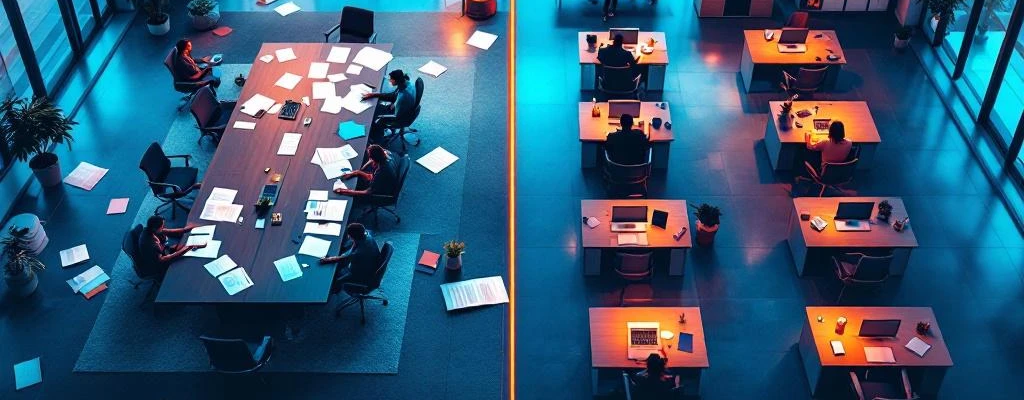 Split-screen vergelijking van gecentraliseerde inkoop (bestuurskamer) versus gedecentraliseerde inkoop (individuele kantoren)