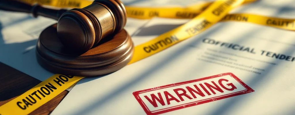 Juridische documenten en contracten op houten bureau met rode waarschuwingsstempel, hamer en gele afzetlint