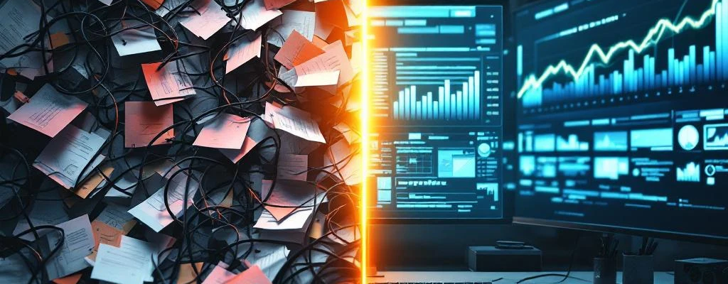 Kantoor efficiëntie vergelijking: rommelige werkplek links versus georganiseerde moderne werkruimte met grafieken rechts