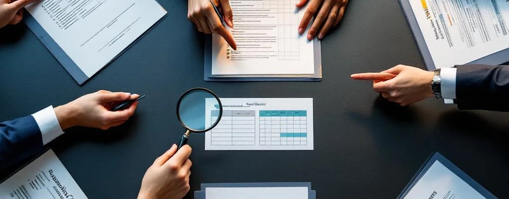 Zakelijke handen rond vergadertafel met leveranciersdocumenten, beoordelingsformulieren en vergelijkingsgrafieken voor woningcorporaties