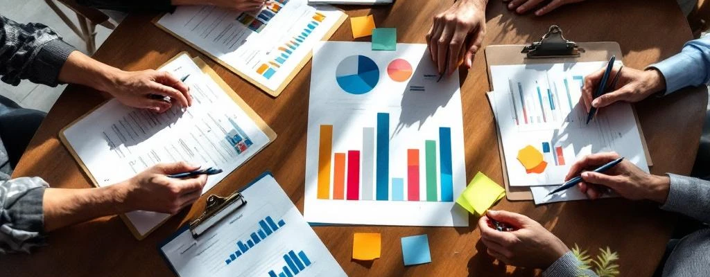 Zakelijke vergadering van bovenaf met handen rond houten tafel, evaluatiedocumenten, grafieken en laptop met prestatiemetrics
