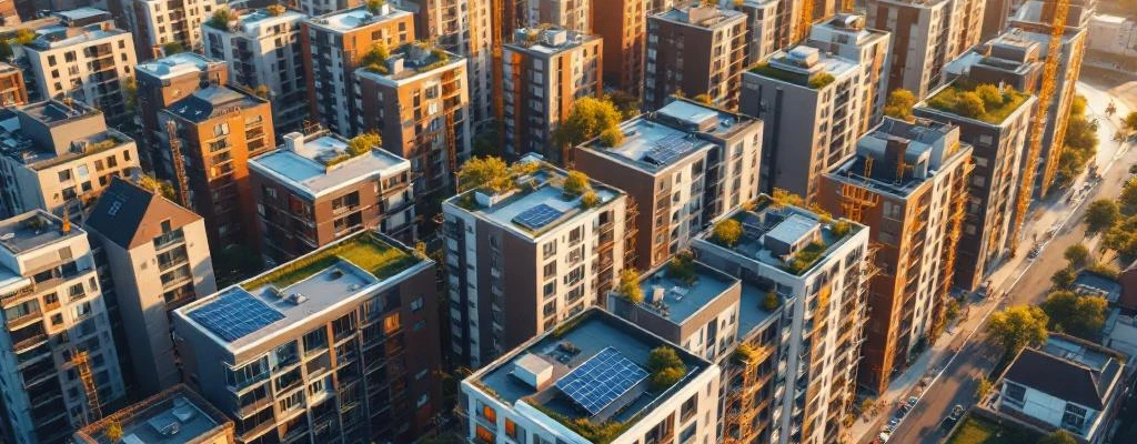 Luchtfoto van Nederlandse woningblokken in spiraalvorm, van traditionele naar moderne duurzame architectuur met zonnepanelen