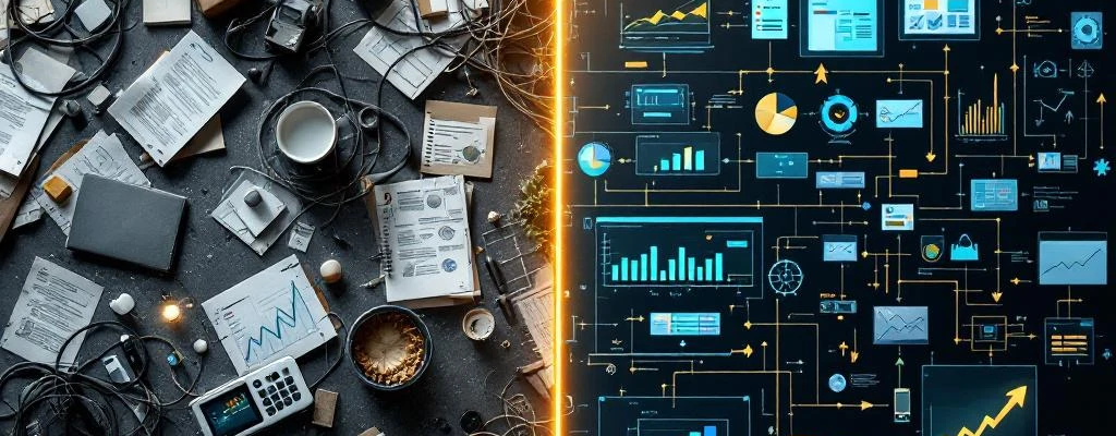 Split-screen vergelijking van rommelige kantoorprocessen links versus gestroomlijnde digitale workflows rechts