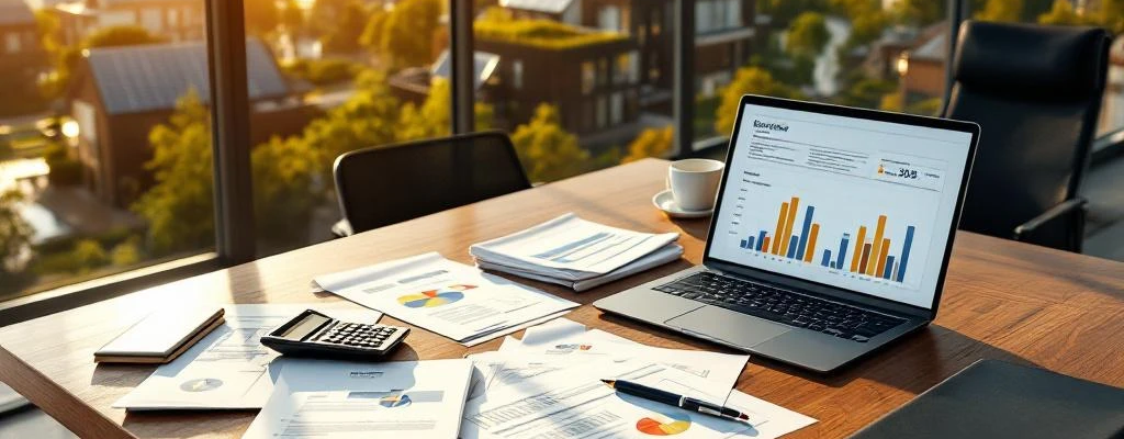 Luchtfoto van moderne Nederlandse woningbouw met zonnepanelen en vergadertafel met aanbestedingsdocumenten en laptop