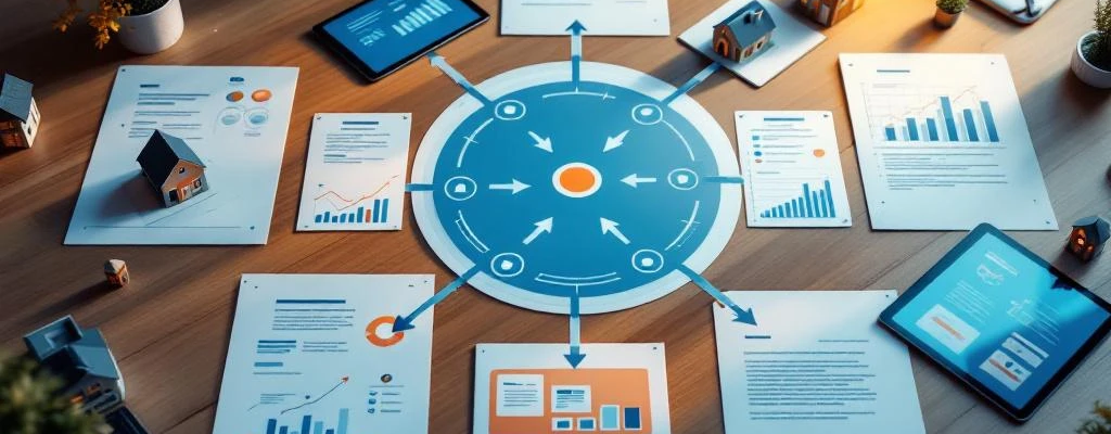 Luchtfoto van modern bureau met zeven workflow-diagrammen op documenten en tablets, omringd door Nederlandse huismodellen