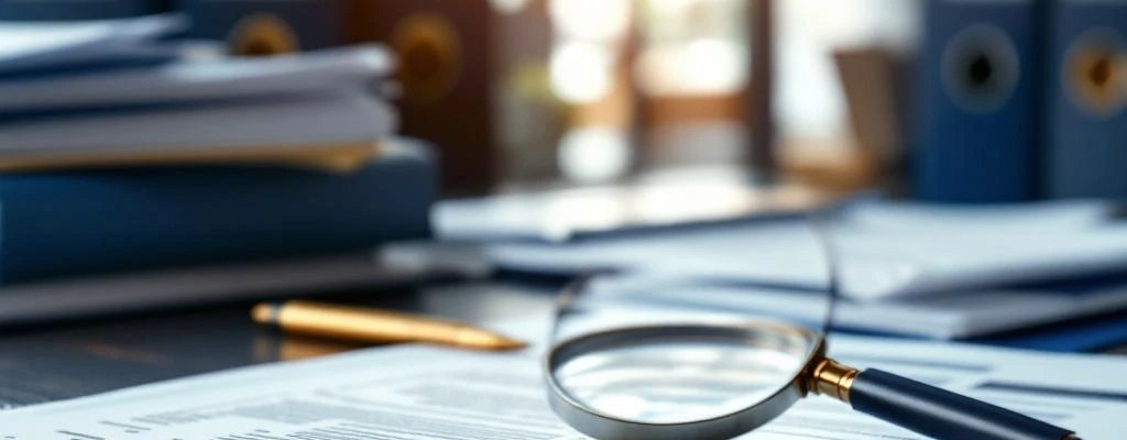 Professioneel bureau met contracten, vergrootglas en gouden pen op donker hout voor bedrijfsadvies