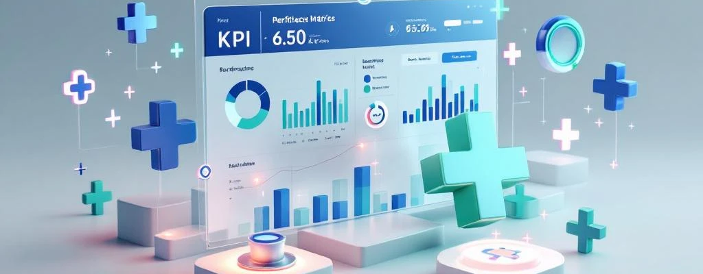 3D dashboard met KPI-grafieken en zorgprestatie-indicatoren, geïntegreerd met medische symbolen in blauw-groen design