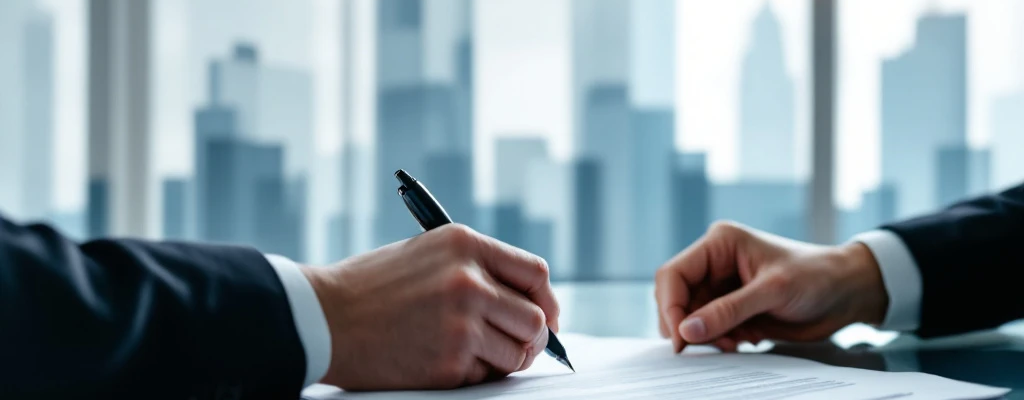 Zakelijke handen die een contract ondertekenen of verscheuren op een glazen bureau, met kantoorgebouwen in de achtergrond en een minimalistische blauwe en grijze sfeer.