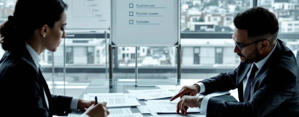 Zakelijke professionals bespreken contractescalatie in moderne vergaderruimte met uitzicht op stadsgezicht en woonontwikkelingen, naast minimalistisch stroomdiagram.