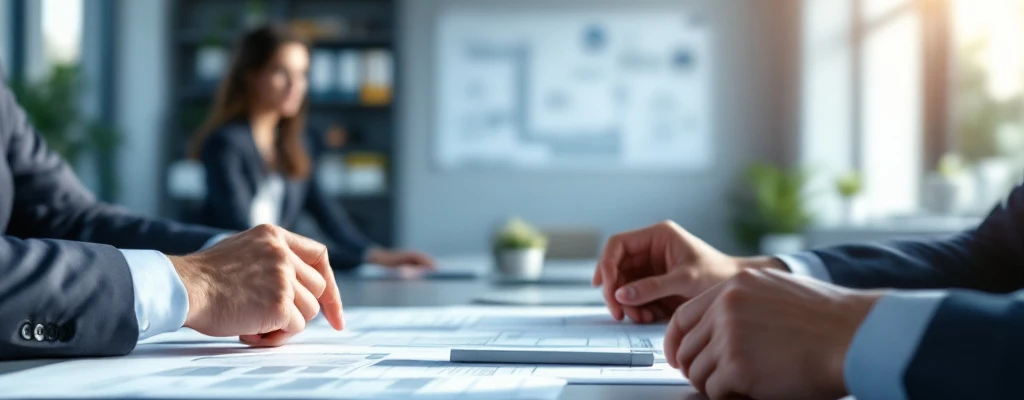 Zakelijke consultants bespreken huisvestingsdocumenten en aanbestedingscontracten aan moderne vergadertafel in lichte kantooromgeving met minimalistische inrichting.