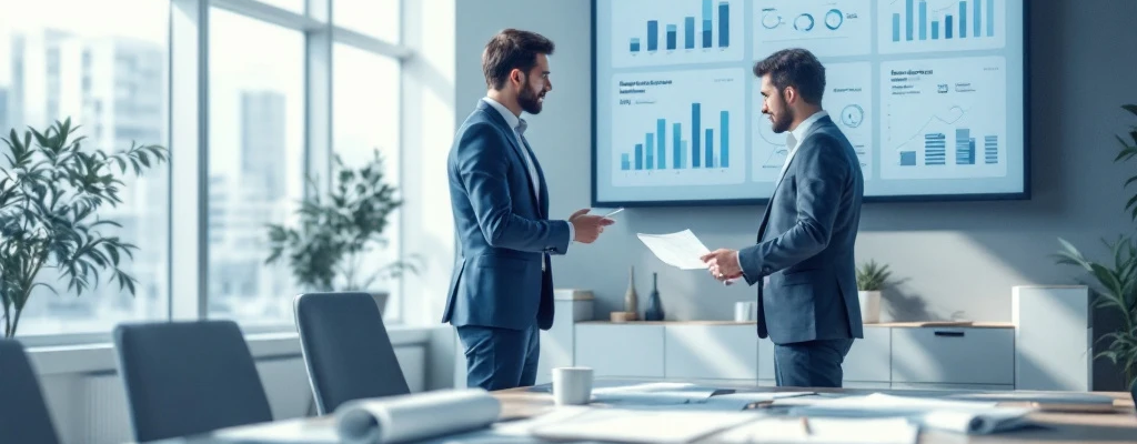 Financiële consultants analyseren woningcorporatie-data op monitors in een lichte, moderne kantoorruimte met blauwgrijze tinten en bouwtekeningen op tafel.