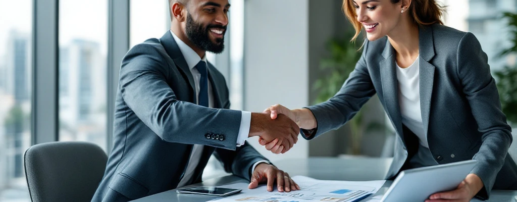 Consultants bespreken ICT-systemen voor woningcorporaties in modern kantoor met blauwgrijze tinten, handdruk symboliseert technologische samenwerking.