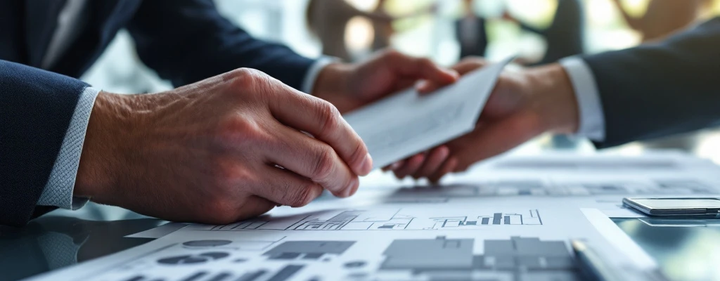 Handen wisselen contractdocumenten uit over glazen tafel met woningbouwschetsen, in een minimalistische kantooromgeving met nalevingskader en professionele sfeer.