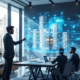 Consultant presenteert digitale woningbouwdata via holografische displays in moderne kantoorruimte, terwijl professionals samenwerken rond 3D-visualisaties van appartementen.