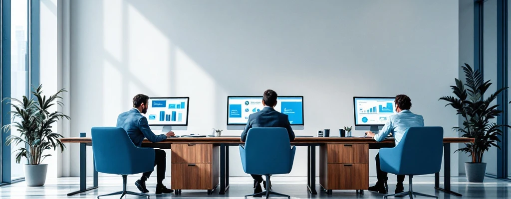 Moderne kantoorruimte met drie werkplekken die het three lines of defense-model weergeven, waar professionals samenwerken aan inkoopdiagrammen in een lichte omgeving.