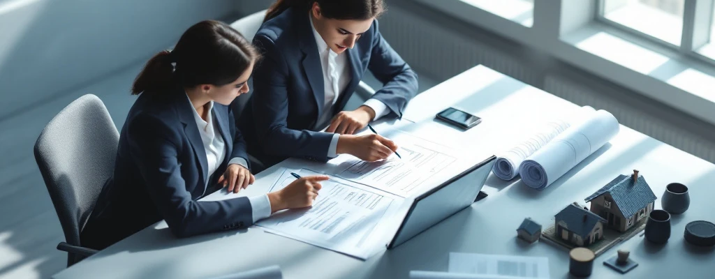 Twee zakelijke consultants bespreken onderhoudscontracten aan een conferentietafel, één wijst naar documenten terwijl de ander notities maakt op een tablet.