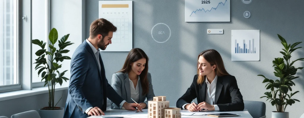 Zakelijke consultants werken samen aan huisvestingsdocumenten in een minimalistische vergaderruimte met blauwdrukken, gebouwmodellen en analytische gegevens.