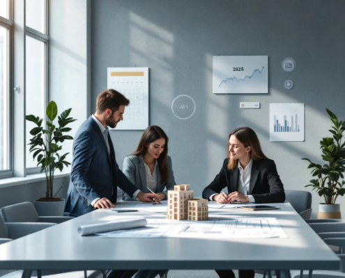 Zakelijke consultants werken samen aan huisvestingsdocumenten in een minimalistische vergaderruimte met blauwdrukken, gebouwmodellen en analytische gegevens.