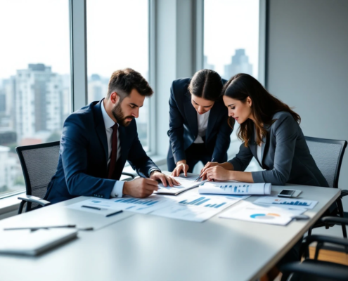 Woningconsultants in zakelijke kleding bespreken blauwdrukken en demografische grafieken aan een moderne vergadertafel in een minimalistisch kantoor met stadsgezicht op de achtergrond.
