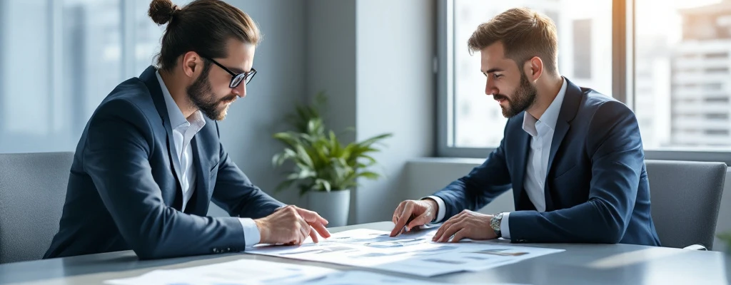 Twee zakelijke consultants bespreken kostenbesparende strategieën voor woningcorporaties aan een moderne vergadertafel met documenten en diagrammen in een lichte kantoorruimte.