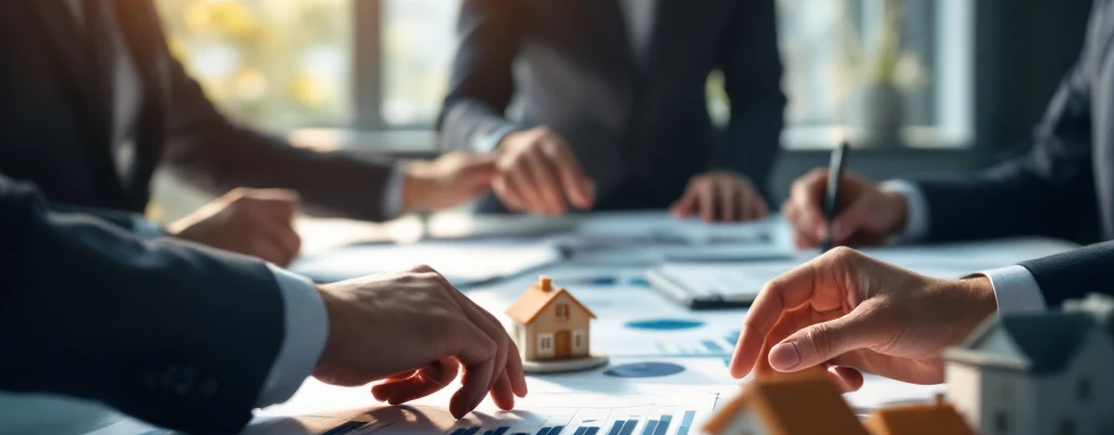 Consultants analyseren woningcorporatie-documentatie en risicobeoordelingsgrafieken in een moderne vergaderruimte met huismodellen en contracten.