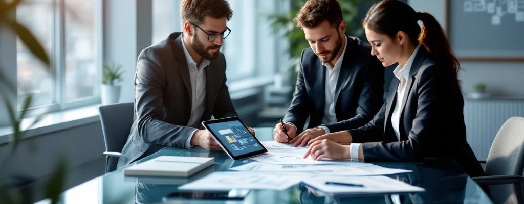 Consultants in zakelijke kleding bespreken ICT-aanbestedingsdocumenten aan een moderne glazen tafel in een strak, minimalistisch kantoor met natuurlijk licht.