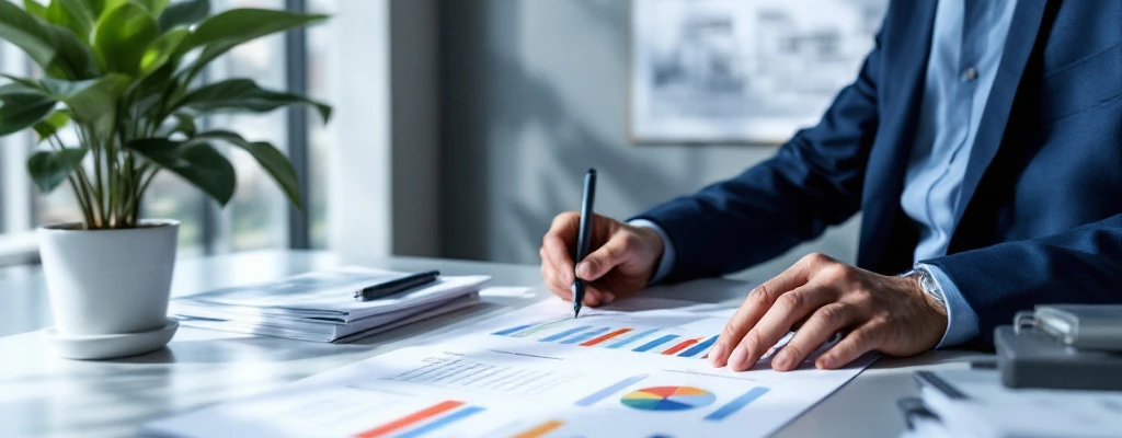 Consultant in blauw pak analyseert aanbestedingsrisico's aan modern bureau met risicobeoordelingsmatrix, contracten en woningbouwblauwdruk in lichte werkruimte.