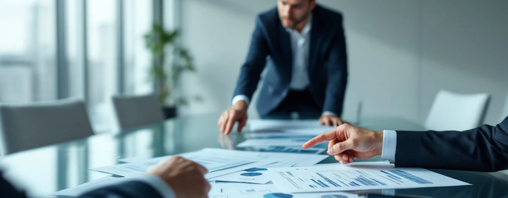 Zakelijke consultants analyseren inkoopprocessen voor woningcorporaties in een strakke vergaderruimte met natuurlijk licht en moderne architectuur