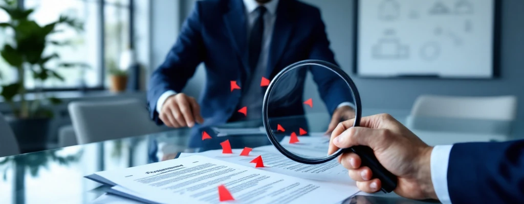 Consultant onderzoekt inkoopcontracten met rode waarschuwingsvlaggen in een minimalistische kantoorruimte met risicobeoordelingskader op een whiteboard.